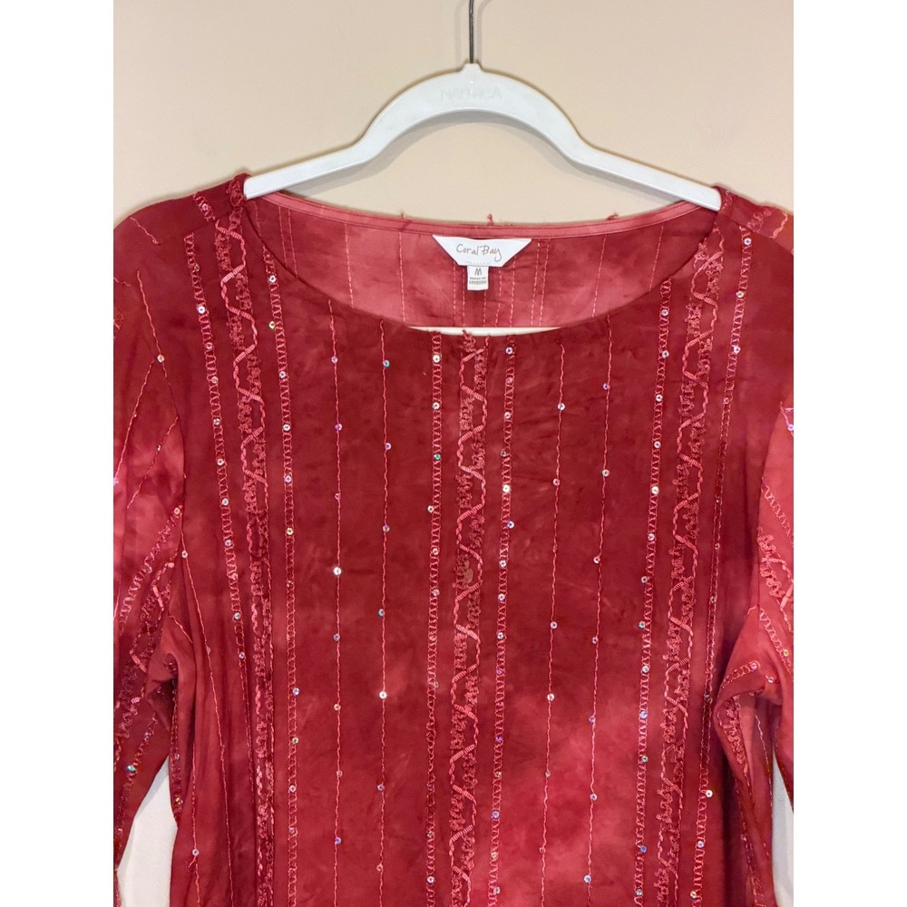 Coral Bay Womens Blouse Red Medium Sequin Ruffle Sleeve Tie Dye Top - Picture 4 of 8